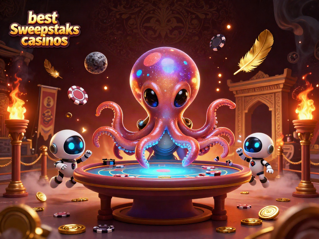 Engage with the best sweepstakes casinos featuring an alien octopus at a holographic poker table.