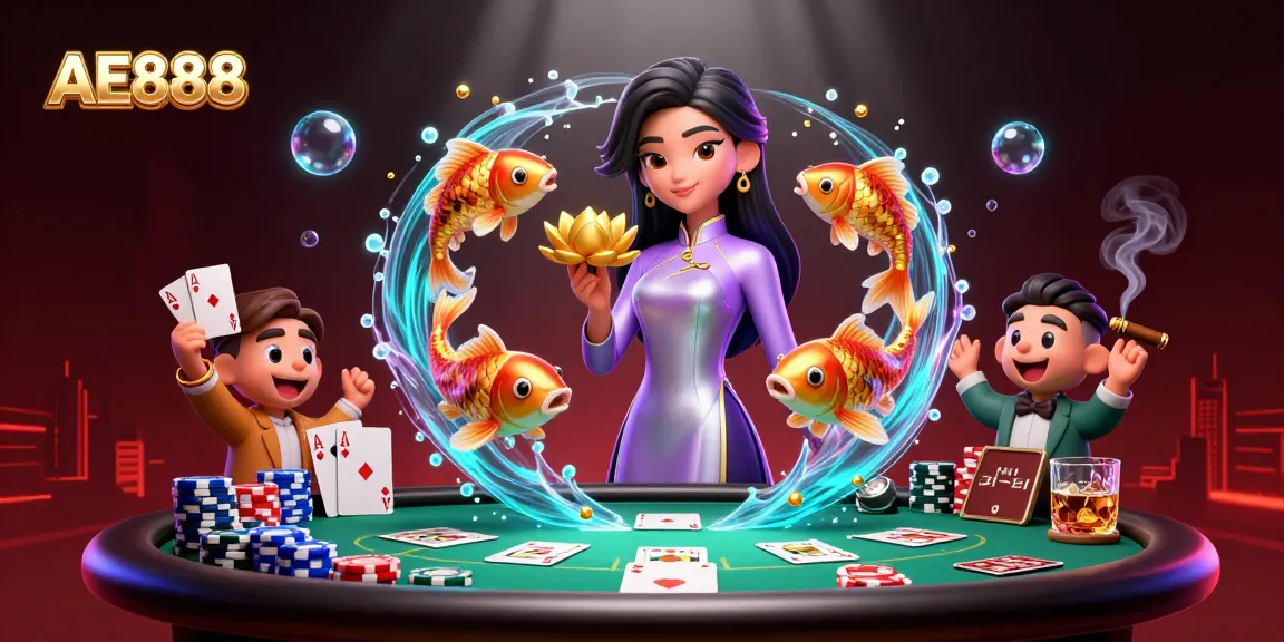 Experience AE888 with lively 3D visual featuring Asian woman in ao dai, vibrant poker elements, and koi fishes.