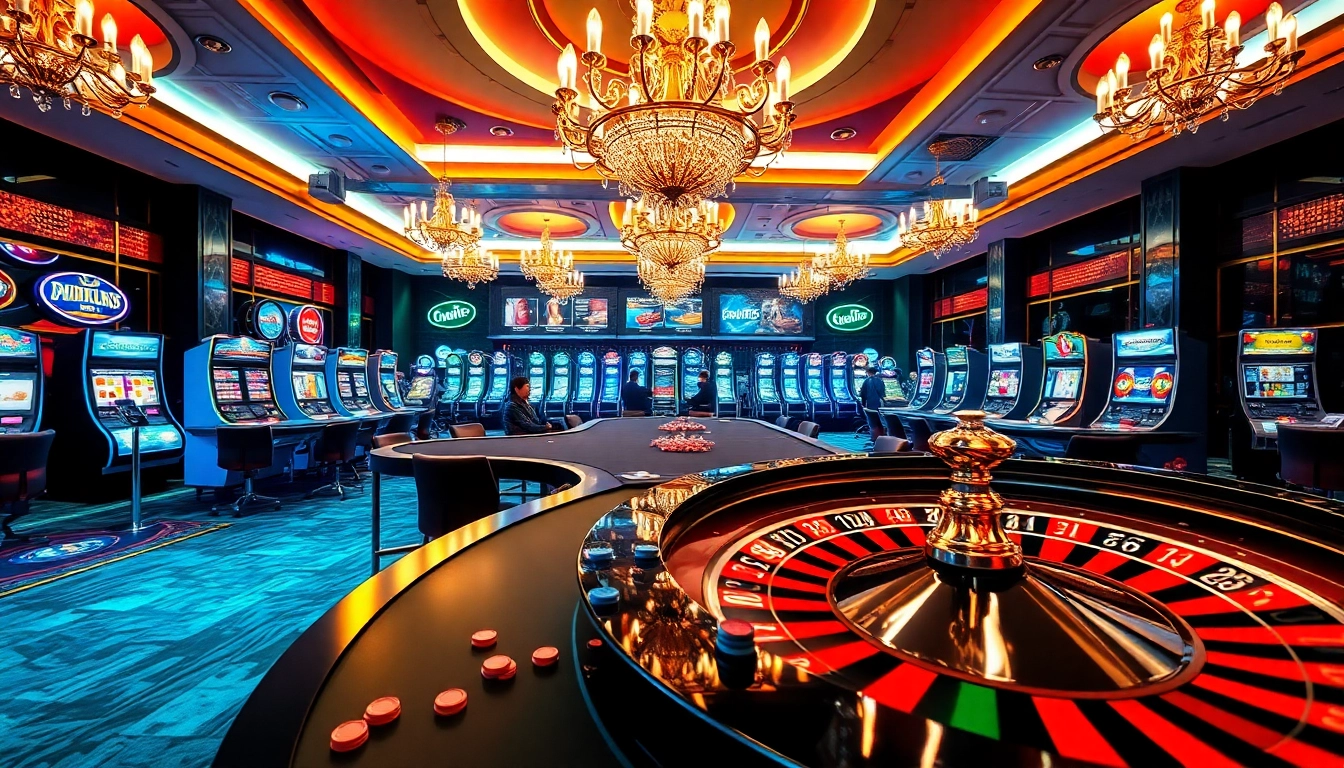 A vibrant casino floor scene featuring roulette, poker chips, and slot machines at https://king88hz.vip/ showcasing luxurious gaming.