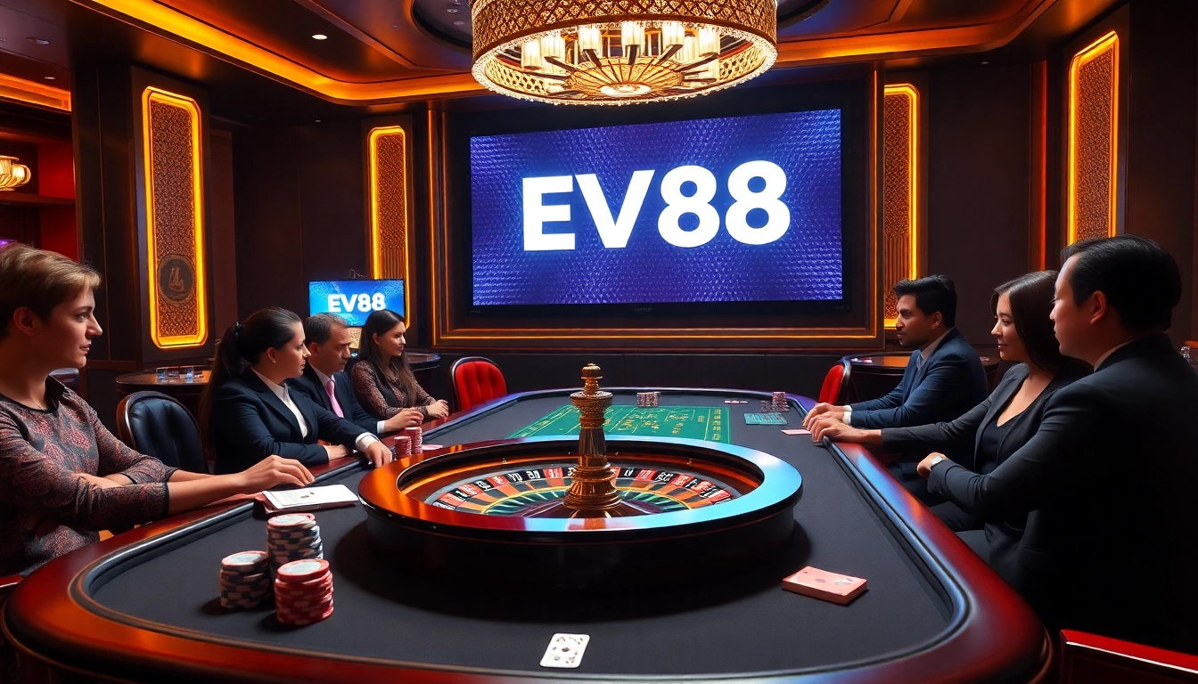 Experience the thrill of EV88 gaming with elegant tables and vibrant poker chips.