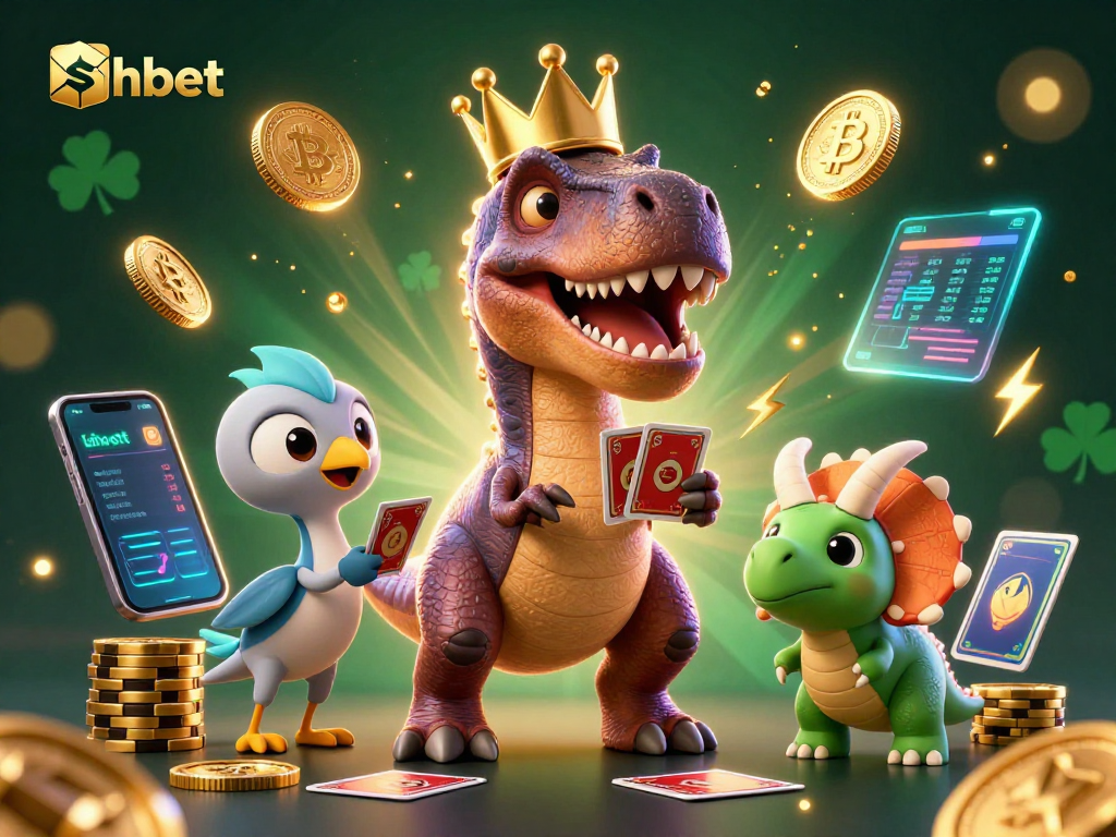 Playing cards with shbet characters while stacking gold chips and crypto elements in a vibrant casino scene.