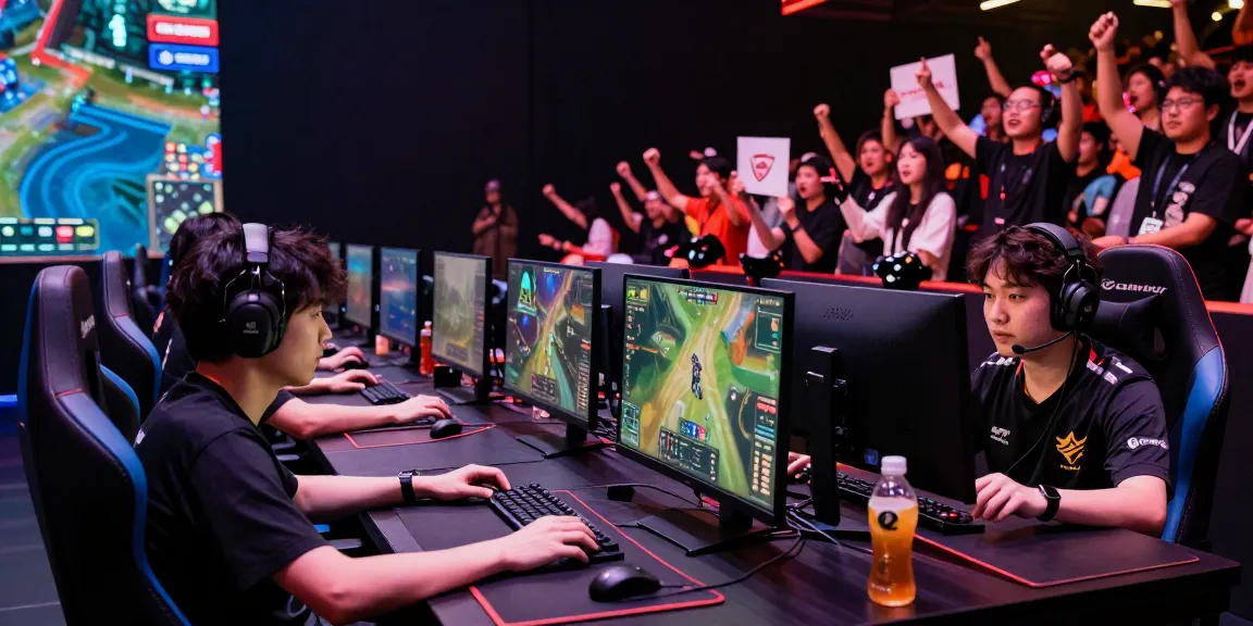 Intense esports competition at https://proplay88.uk.com/ with gamers, monitors, and cheering fans.