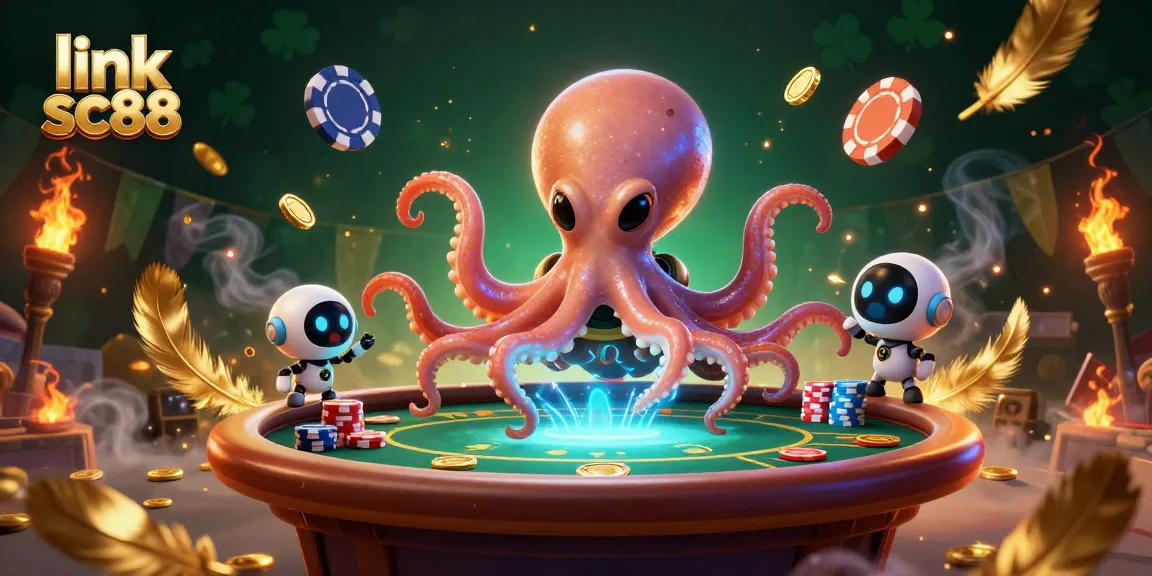 Engage with the exciting link sc88 poker scene featuring an alien octopus with betting tokens and a robot.
