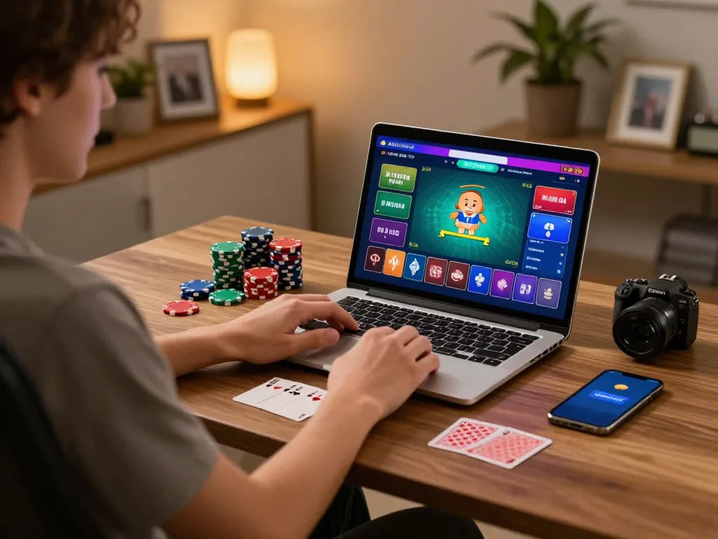 Engaged player exploring MB66 gaming options at home with colorful poker chips and computer setup