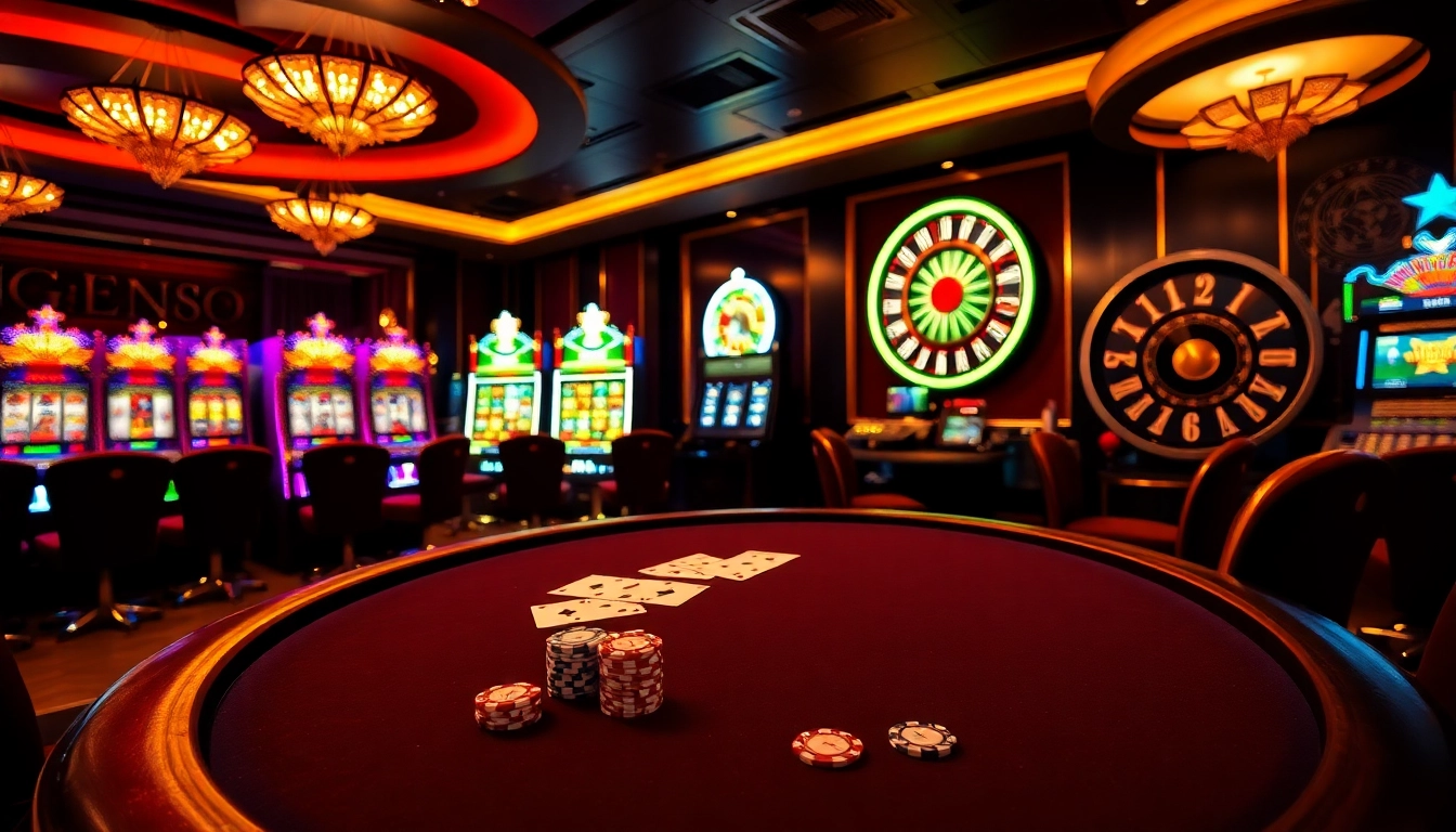 Experience the thrill of nohu90 amid a vibrant casino setting with luxurious tables and slot machines.