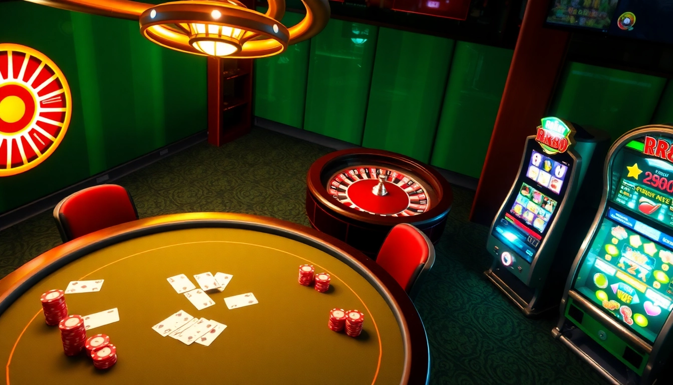Experience the thrill of RR88 at a vibrant casino, featuring a poker table and roulette wheel.