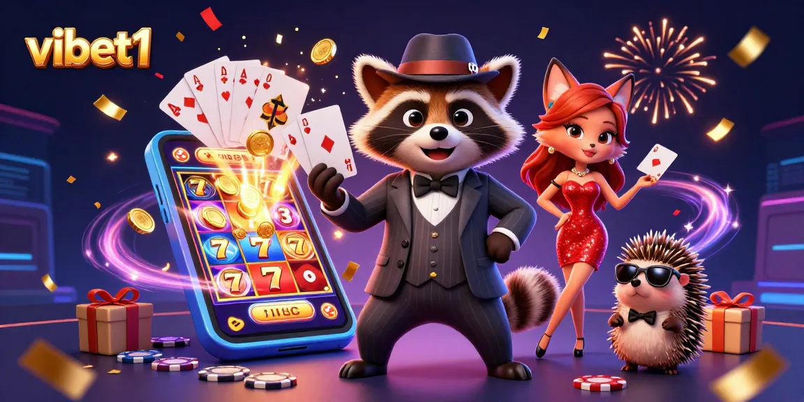 Win big with vibet1 as a suave raccoon and fox lady celebrate at a vibrant casino scene.