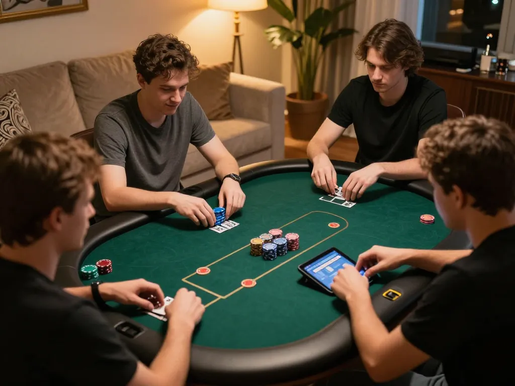 Players engaged in a strategic poker game on 789bet's mobile app in a cozy living room.