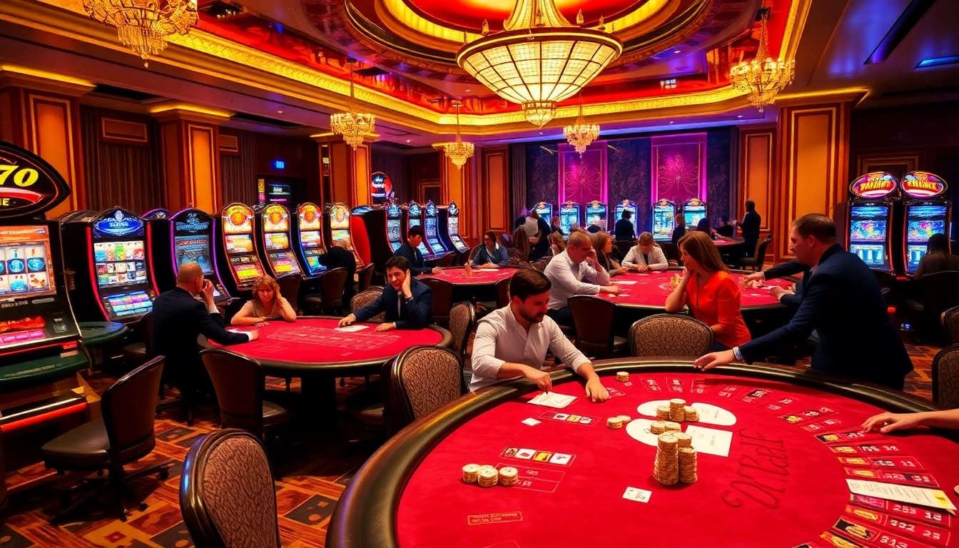 Players enjoying a thrilling game at Thabet casino tables, showcasing poker chips and vibrant slot machines.