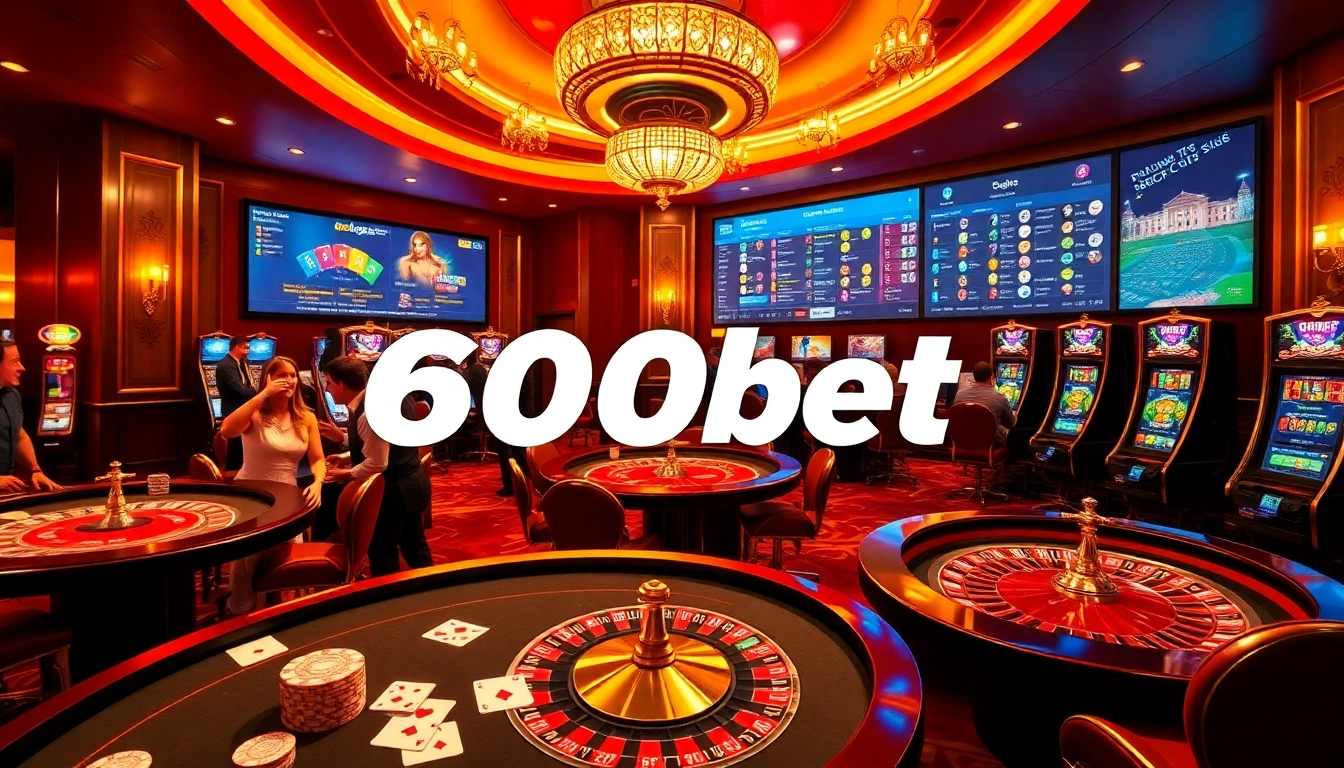 Experience thrilling gameplay at 600bet with poker chips, cards, and roulette in a luxurious casino atmosphere.