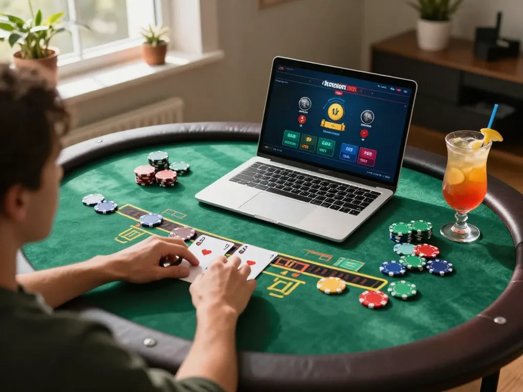 Engaged player using online casino app on laptop, showcasing dynamic gaming experience with cloud-africa features.