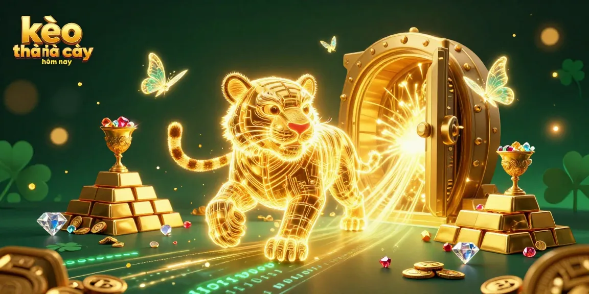 Engage with kèo nhà cái hôm nay through an energetic digital casino illustration featuring a golden tiger and treasure.