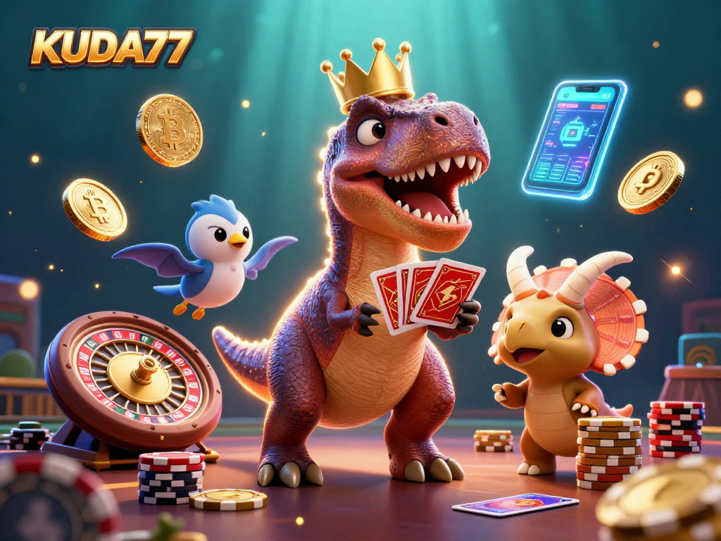 Kuda77 beraksi di kasino digital dengan dino dan chip emas penuh keseruan