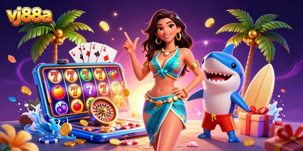 Spin the reels with vj88a in a vibrant casino scene featuring tropical elements and engaging characters.