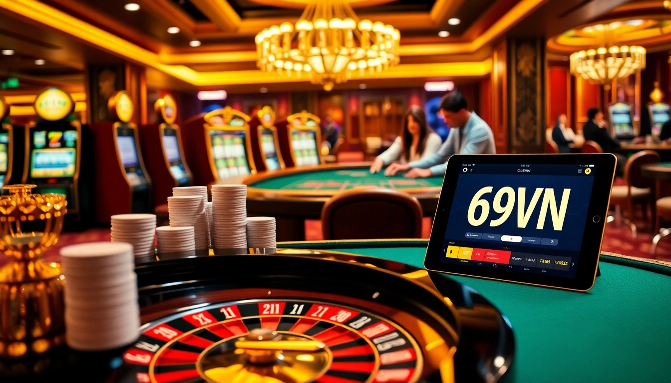 Experience thrilling games at 69VN, a premium online gambling destination with casino tables and vibrant slot machines.