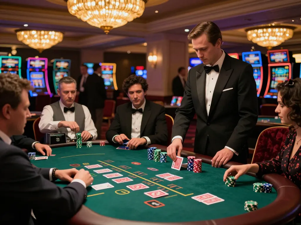 go99com players strategizing at a high-stakes blackjack table in a luxurious casino