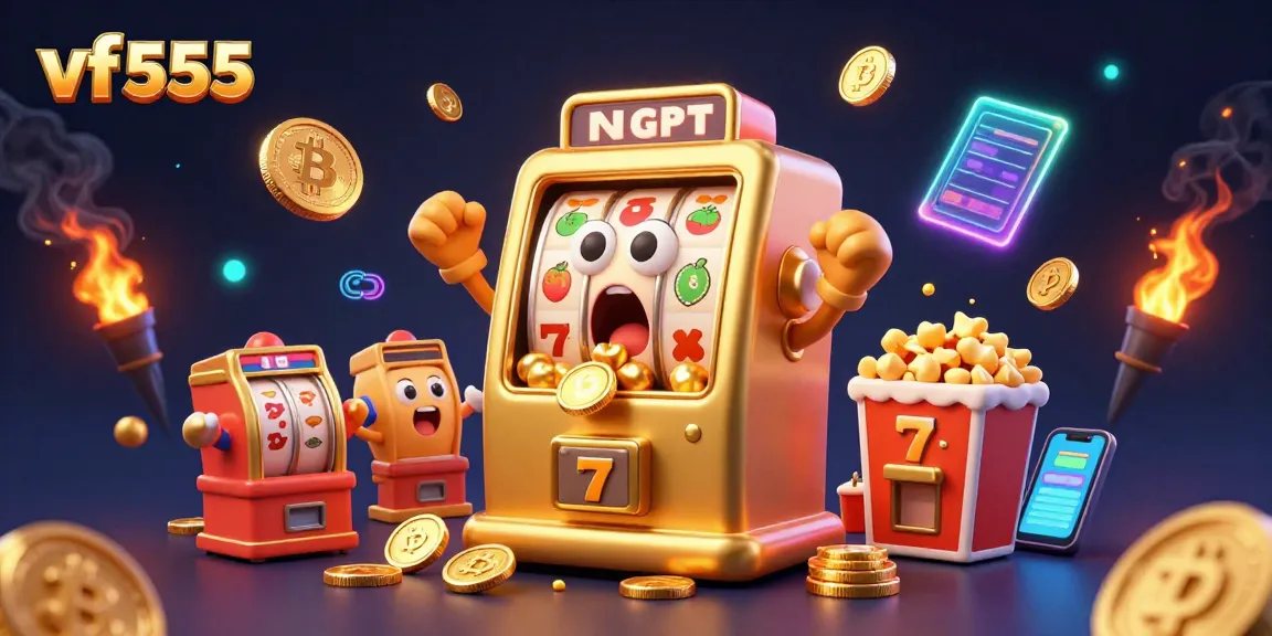 Hit the jackpot with VF555 as the golden slot machine celebrates amidst coins and cheering baby slot machines.