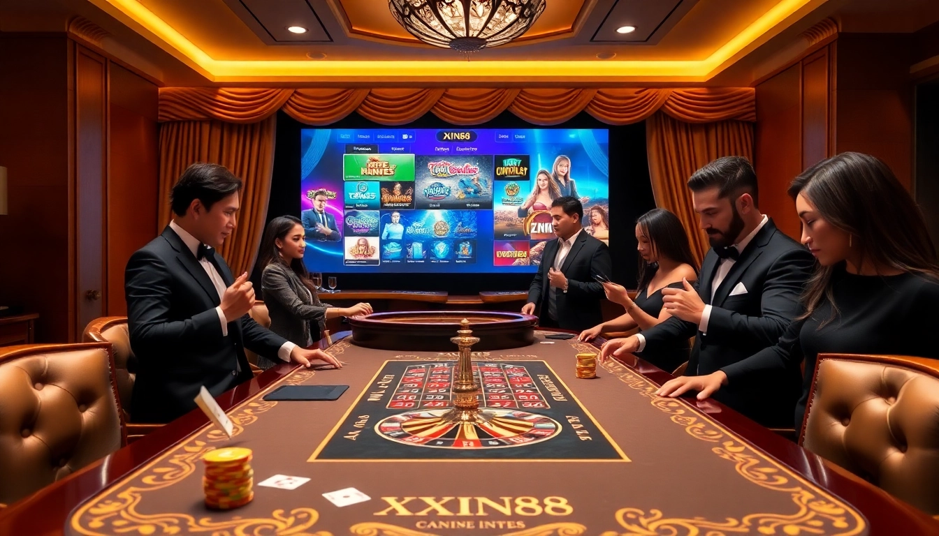 XIN88 offers an exciting casino ambiance with vibrant gaming tables and luxury playing elements.