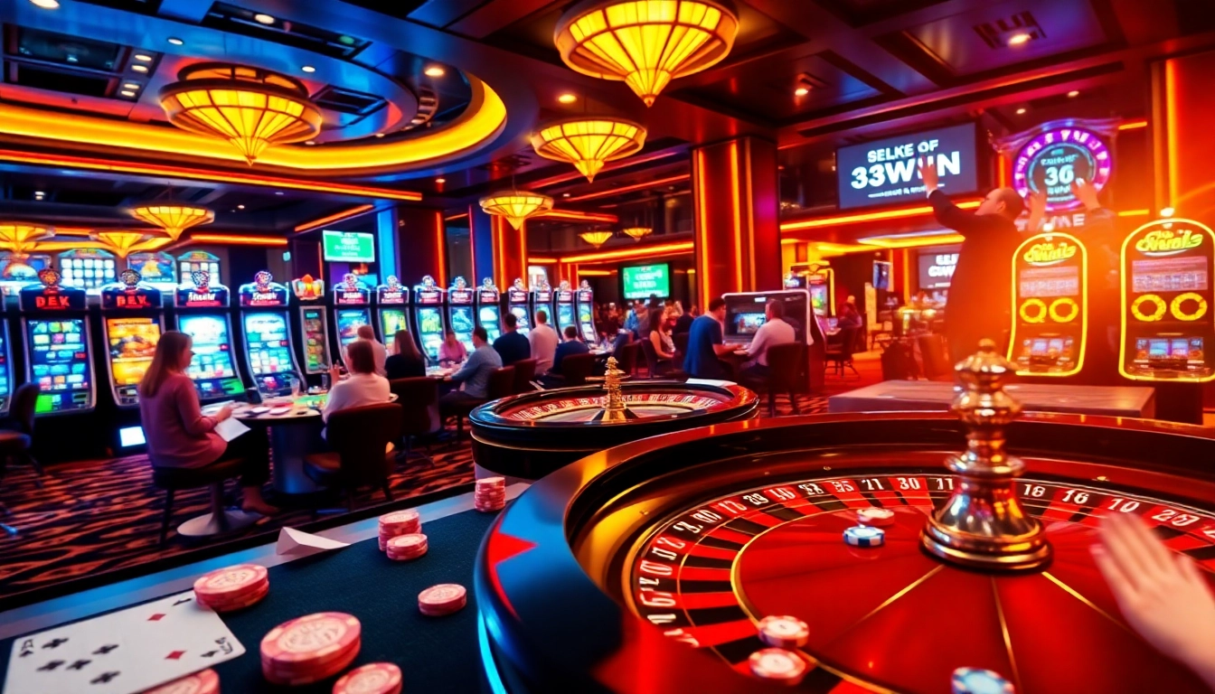 Players engaging at the 33WIN online casino with vibrant roulette and poker table scenes.