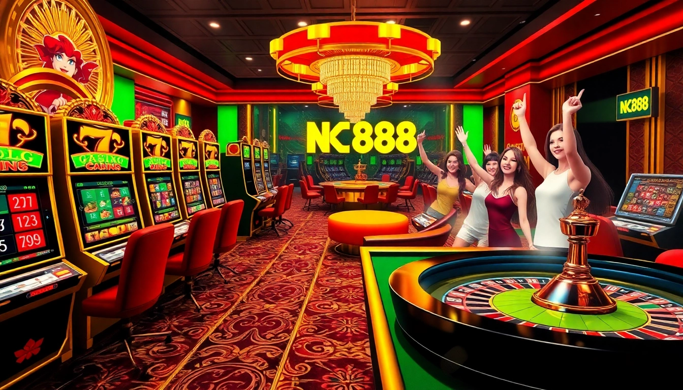 Experience nk88 win excitement at a vibrant online casino with poker tables and slot machines.