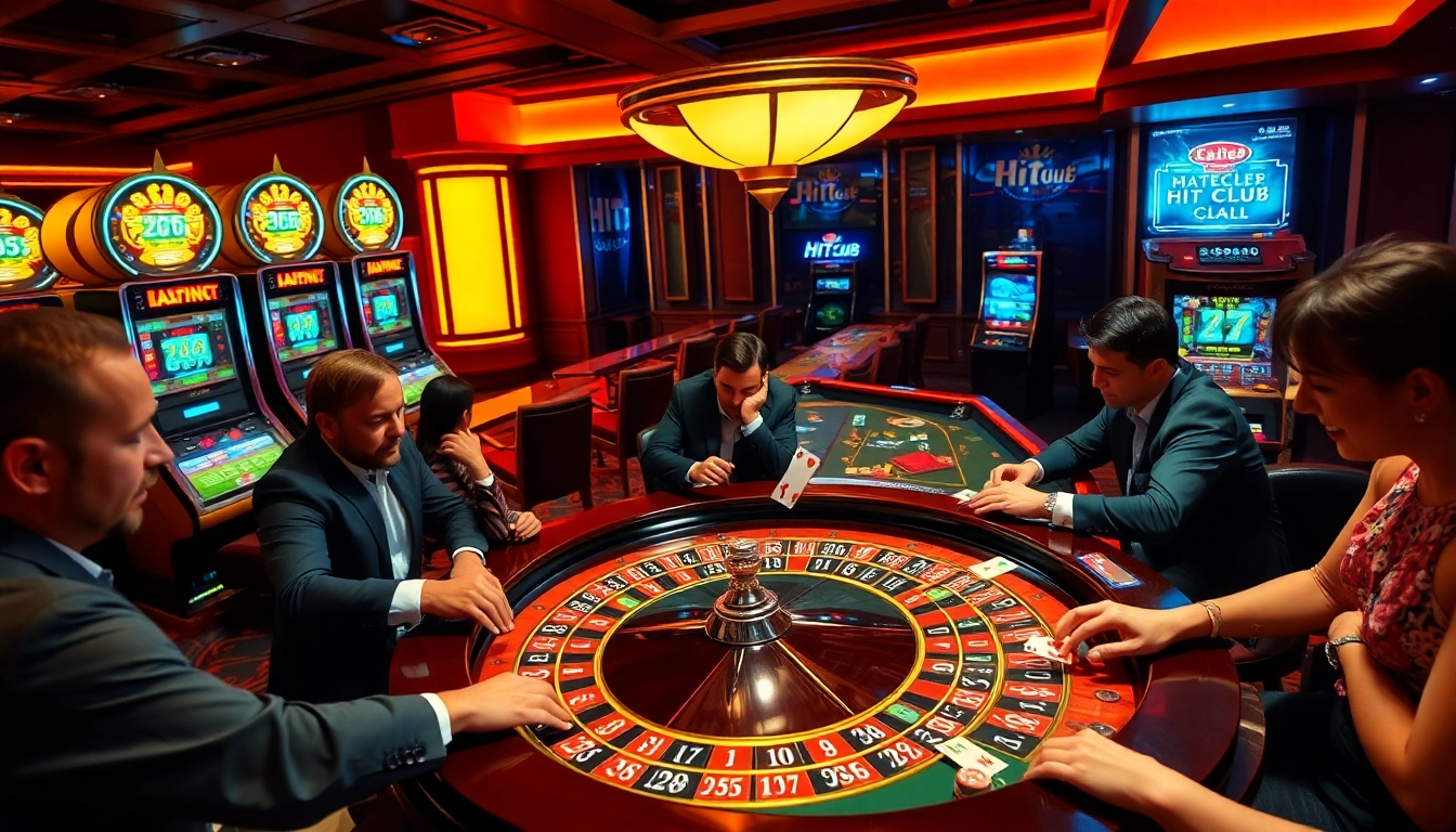 Hit club players strategizing at a vibrant casino table surrounded by slot machines and poker chips.