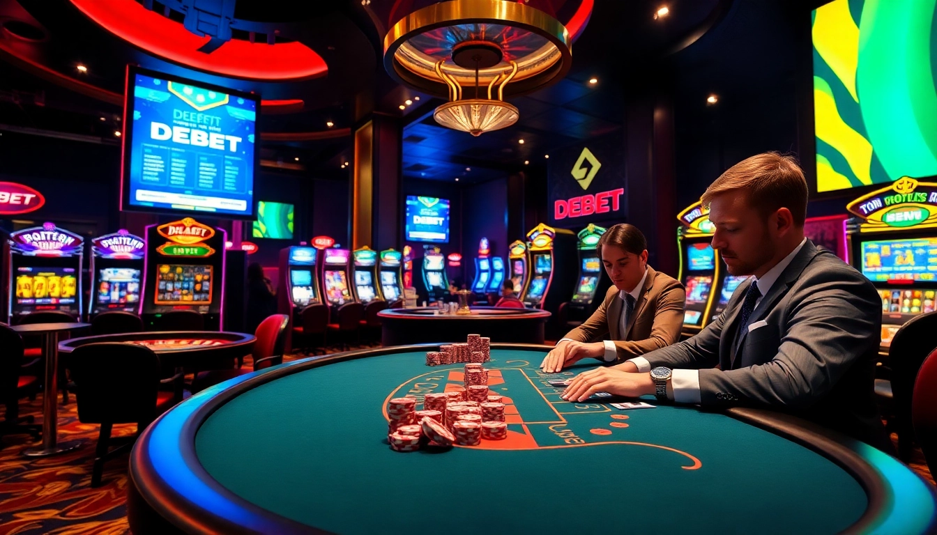 Experience the thrill of DEBET with intense poker gameplay at a luxurious casino table.