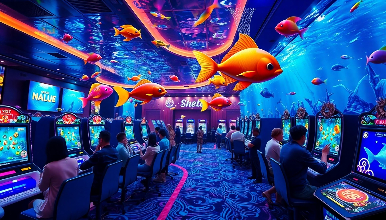 Bắt cá đổi thưởng in a vibrant underwater casino, showcasing joy and excitement.