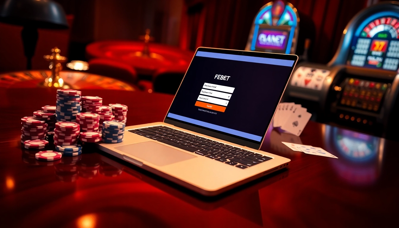 Register for FEBET in a luxurious casino setup with shining poker chips and a roulette wheel.