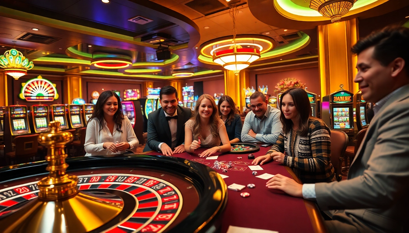 Engaging gamblers at a vibrant casino featuring poker chips and slot machines, inspired by https://kjc.football/.