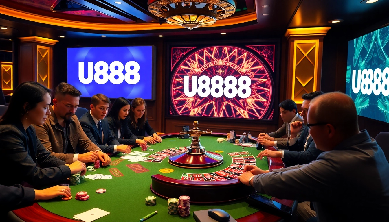 Engage in thrilling poker matches at U888 casino with vibrant gaming tables and excited players.