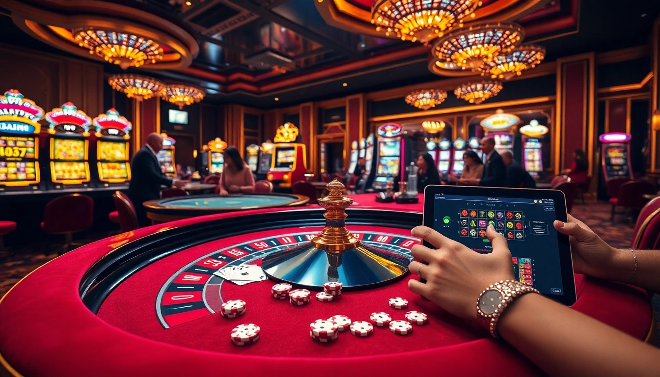 Experience the excitement at https://gg88.black/ with a vibrant casino scene showcasing roulette and slot machines.