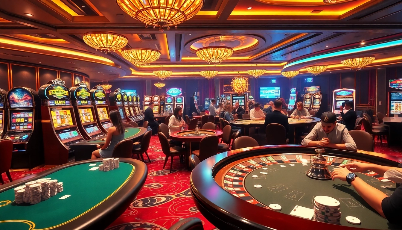 Engaging gamblers at tables and slot machines showcasing excitement at F8BET online casino https://f8bet.io/.