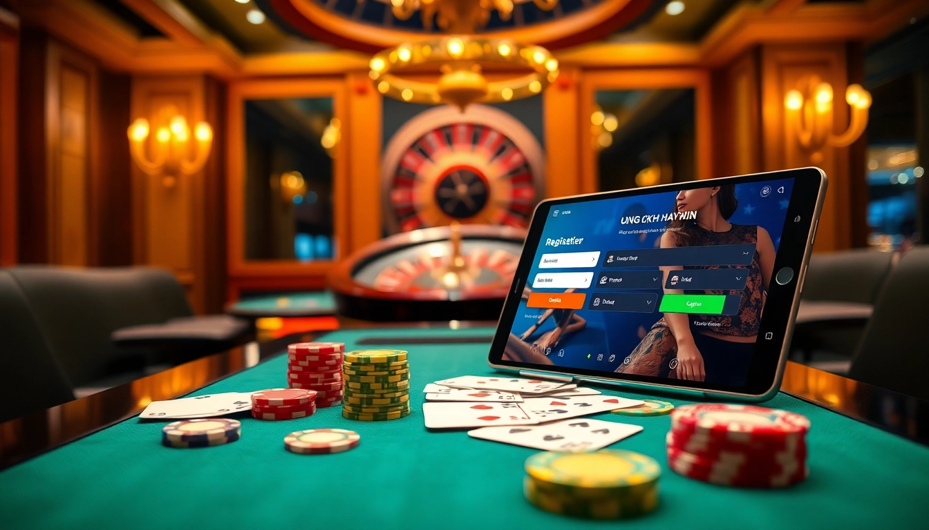 Register for ĐĂNG KÝ HAYWIN at an elegant casino table illuminated with vibrant playing cards and poker chips.