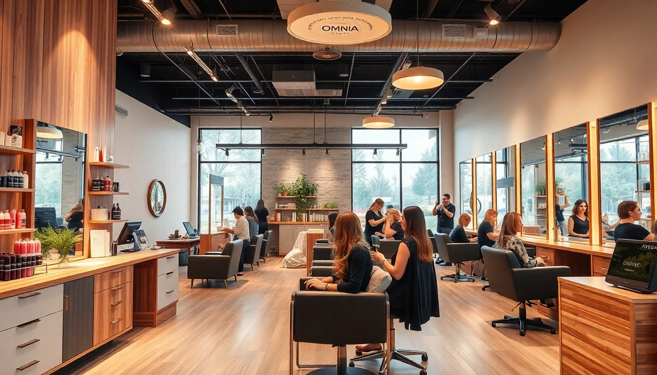 Omnia Salon's stylish interior featuring professional hairstylists and happy clients in a welcoming atmosphere.