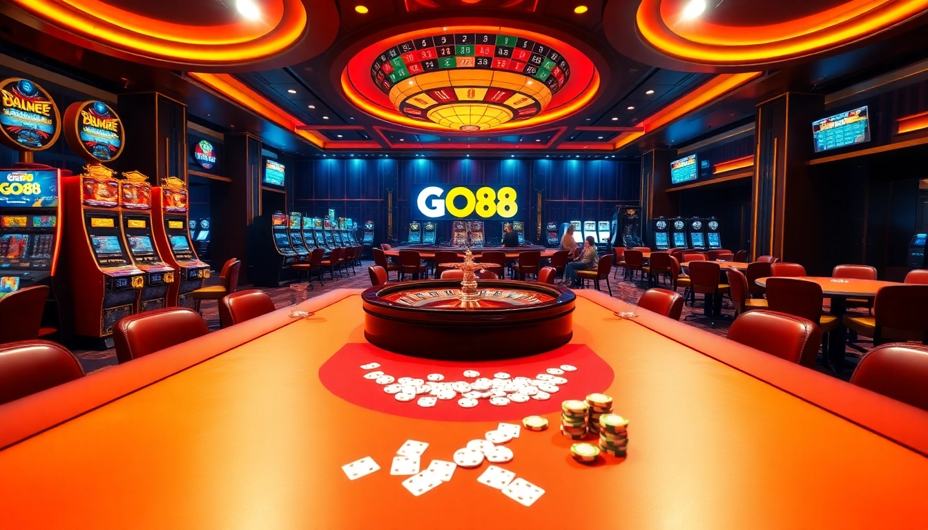 Experience the excitement of GO88 at a luxurious casino with vibrant gaming tables and lively players.