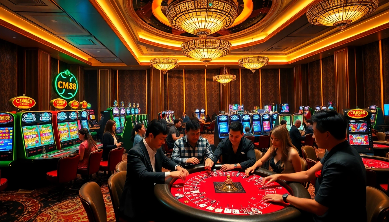 Exciting casino atmosphere featuring CM88-themed poker chips and vibrant gaming tables.